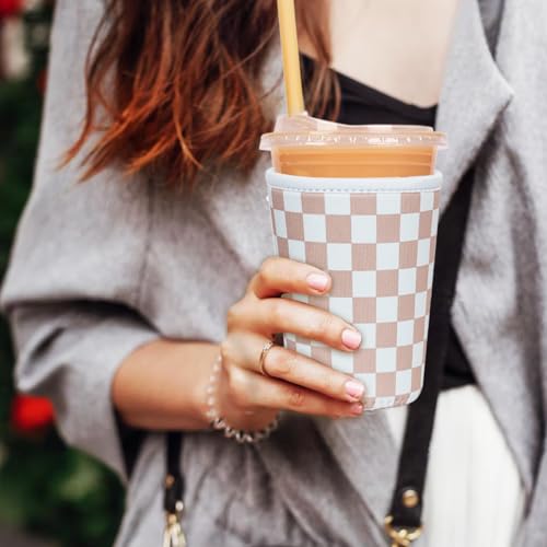 Image of Reusable Insulated Neoprene Iced Coffee Cup Sleeve, Durable Drink Sleeve for Cold Beverages, Beverage Holder for Iced Coffee, Classic Checker