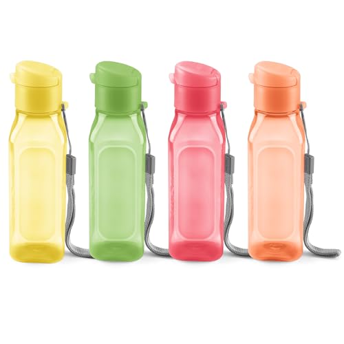 Juego de 4 botellas de agua reutilizables cuadradas multicolor de 10 onzas para niños y adultos, a prueba de fugas, con correa de transporte, sin BPA, aptas para lavavajillas para bebidas de jugo