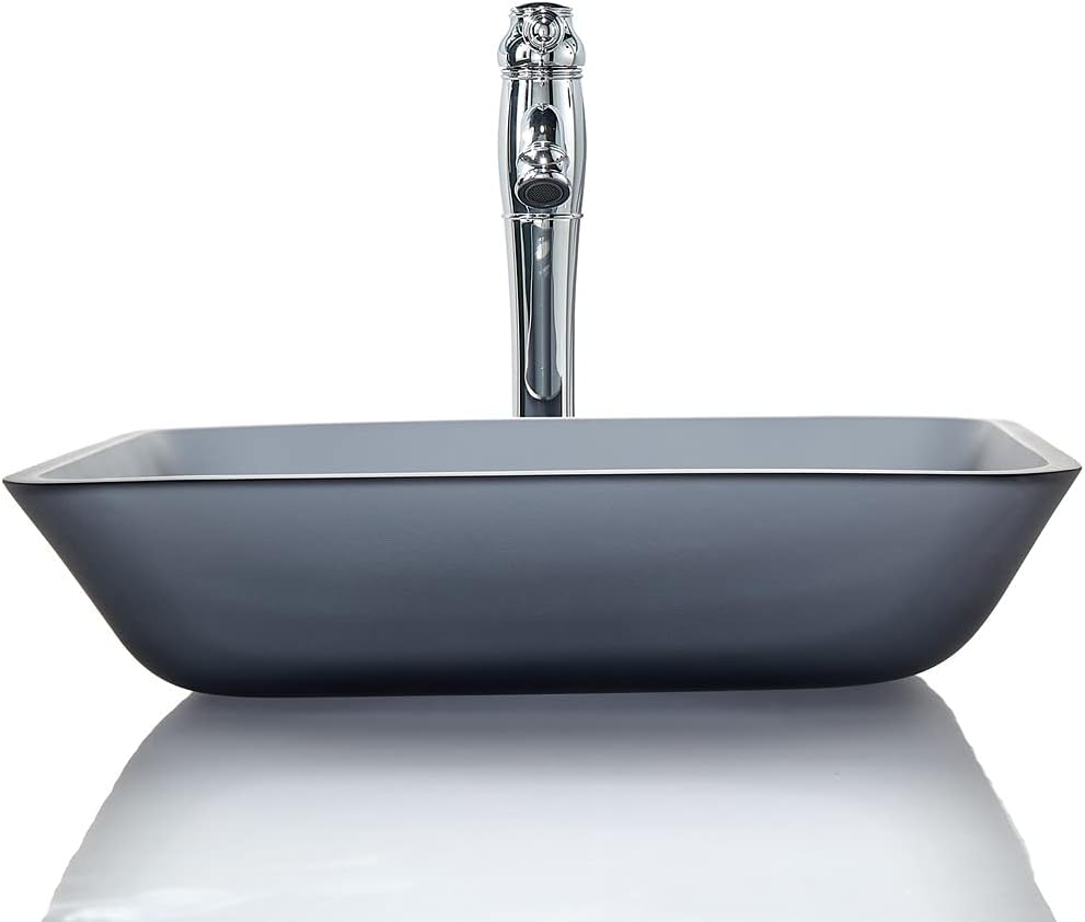 Europea GreyTempered Deco Glass Vessel Bathroom Sink in Grey Transparent Matt | Top Mount Sinks Above Countertop |Rectangular Vanity Countertop Sink Bowl with Pop Up Drain | FW-LA651