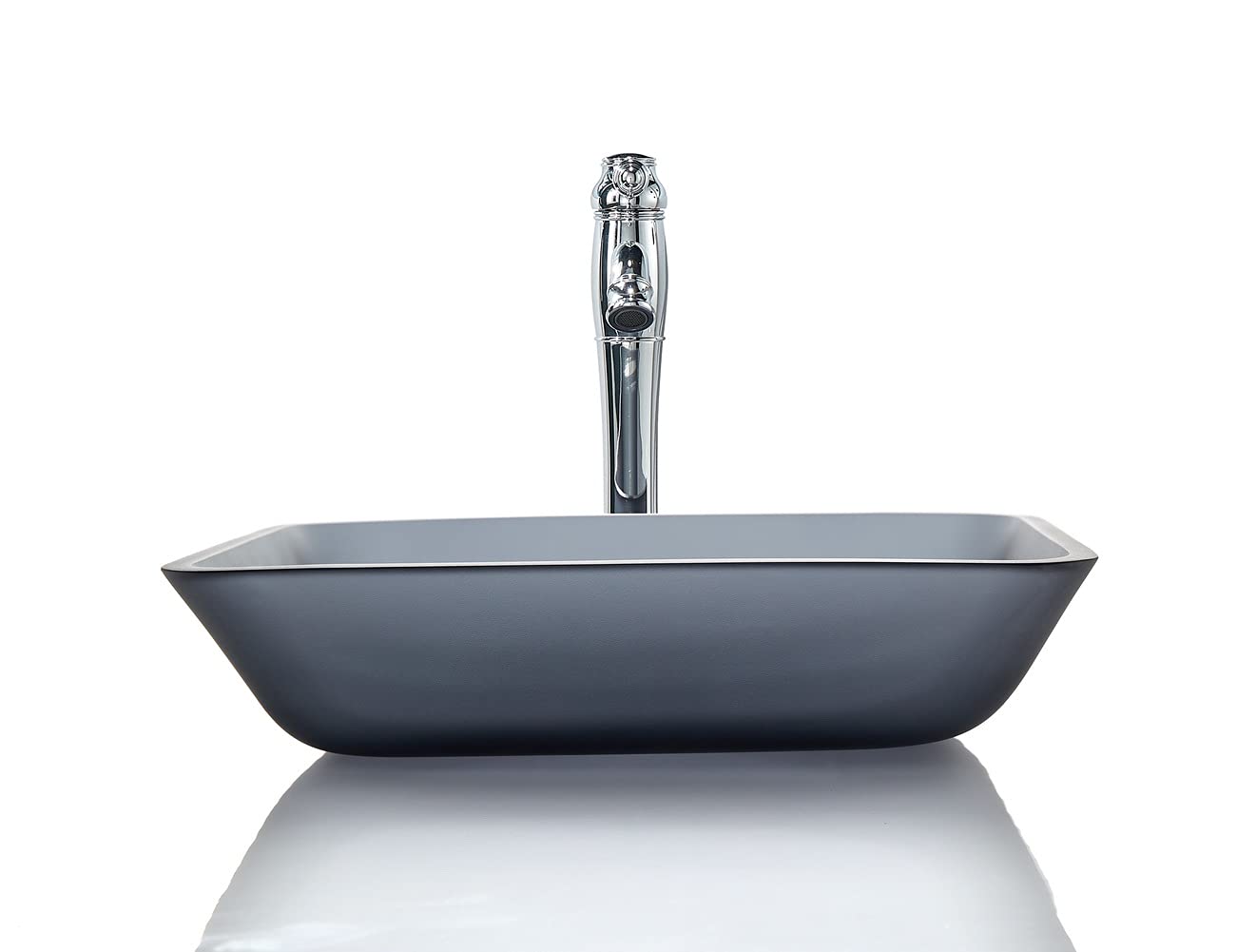 Europea GreyTempered Deco - Fregadero de baño de vidrio decorativo gris mate transparente | Fregaderos de montaje superior sobre encimera | Lavabo rectangular para encimera con drenaje 7