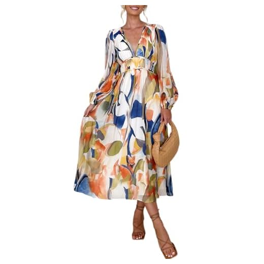 Maxigerui Women's Long Sleeve Floral Maxi Dress Summer Wedding Guest Dress Blue Watercolor S