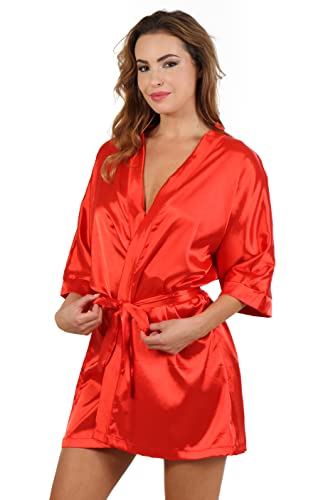 MISS NOIR Damen Bademantel Satin Sexy Kimono Kurz mit Hoher Taillengürtel Nachthemd Braut Nachtwäsche (Rot (2333S-RD), S-M) Cover