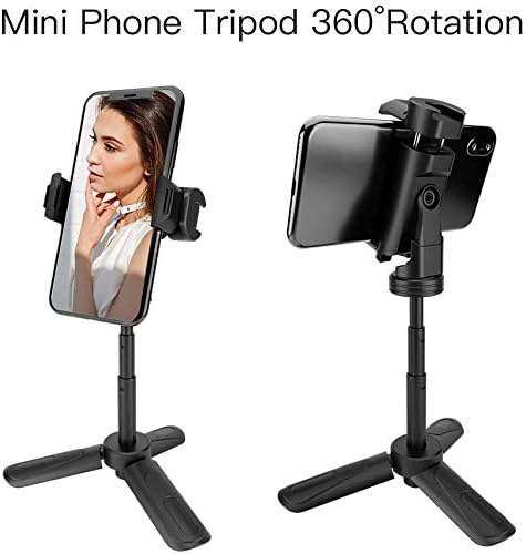 Two views of the MOUNTDOG mini tripod with a smartphone, one showing the phone in portrait mode and the other in landscape mode, demonstrating 360-degree rotation.