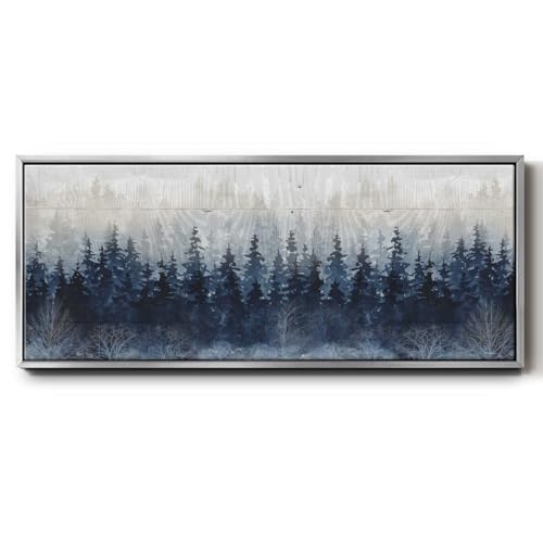Renditions Gallery Woodland Symphony Floater Framed Wall Art Misty Indigo Forest View Wall Decoration Canvas Paintings for Home Office Hotel - 8"X20" SILVER Frame GAL037