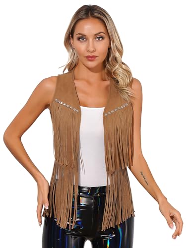 easyforever Womens Faux Suede Tassel Vest Rivets Fringe Waistcoat Jacket with Wide Brim Cowgirl Hat3