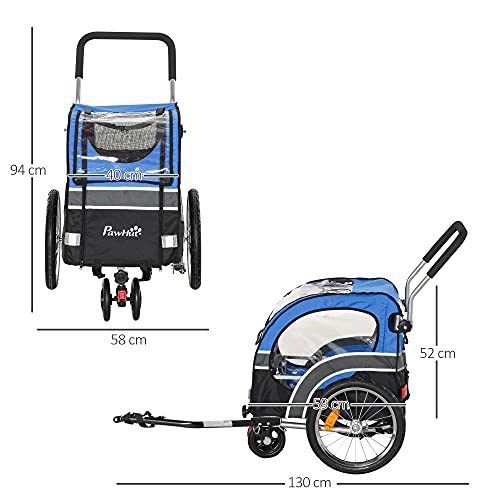 PawHut 2-in-1 Dog Bike Trailer Pet Cart Carrier Stroller for Bicycle with 360° Rotatable Front Wheel Reflectors Weather Resistant Canopy Hitch Coupler Flag Blue - Image 4