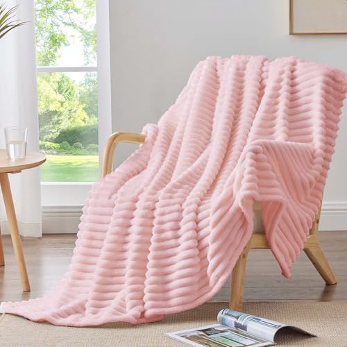 Image of BEDELITE Ribbed Twin Blanket for Couch & Bed, Pink, 60 inchx80 inch | Ultra-Soft Plush Fleece, Cozy, Warm Yet Lightweight, Ribbed Texture, Home Decor, Machine Washable, Giftable, All-Season Use