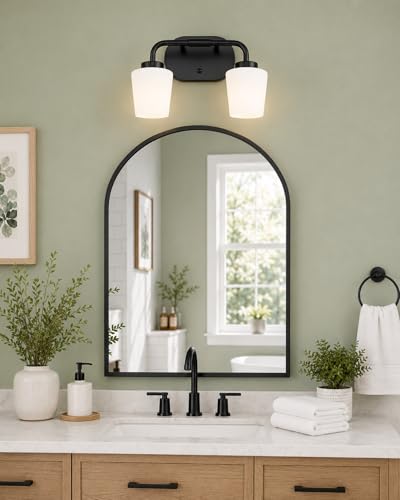 Image of 2-Light Black Bathroom Light Fixtures Over Mirror | Vanity Lighting Fixtures with Milk White Glass, Vintage Farmhouse Wall Sconces Lighting, AD-22004-2W-BK