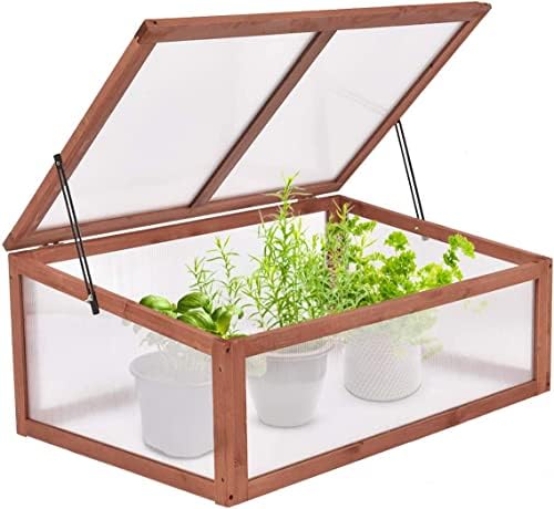 GiantexUK Wooden Cold Frame Greenhouse, Polycarbonate Grow House Shelter with Openable and Tilted Top Cover, Outdoor Planter Box for Flowers, Vegetables, Plants