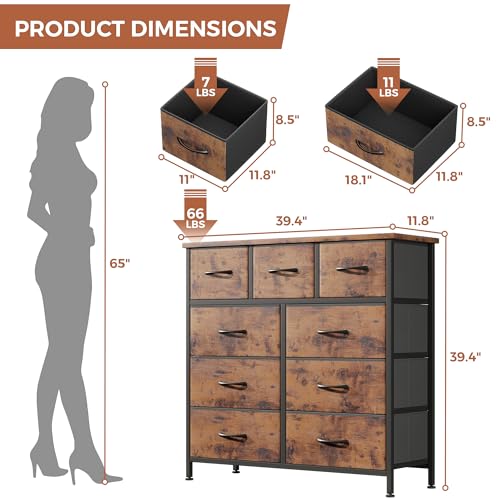 Rustic Brown Fabric Dresser with 9 Drawers & Wooden Top