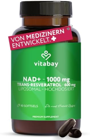 Vitabay Liposomales NAD+ 1000 mg mit Trans-Resveratrol 600 mg - 90 vegane Softgels - hochdosiert, vegan, laborgeprüft in Deutschland - NAD Supplement, ohne Gentechnik - 45 Tage Vor