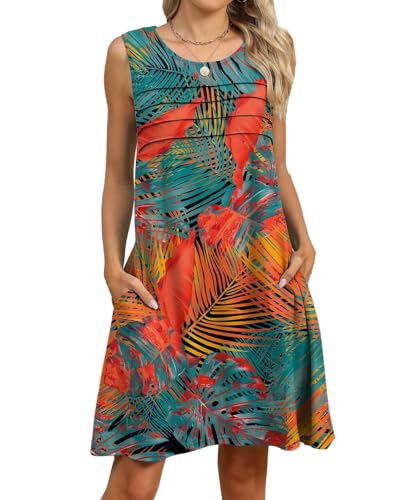 PICKLION Robe Ete Femme Mi Longue Robes Plage Boheme Robe Chic Floral sans Manche Chemise Robe Tunique avec Poches S-2XL FloralOrange XL