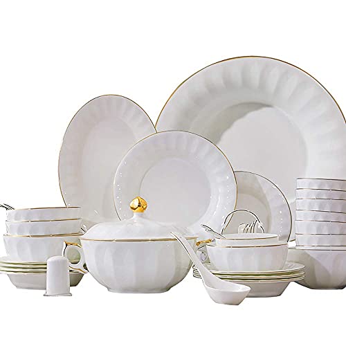Juego de vajilla de porcelana china de 40 piezas, cocina, cuencos redondos de porcelana blanca, platos, platos con borde dorado, resistente a las virutas, servicio seguro para microondas para 10