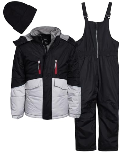 iXtreme Boys Snowsuit Set - 2 Piece Heavyweight Insulated Ski Jacket and Snow Pants Overall Bibs for Boys with Winter Hat, Size 10/12, Black
