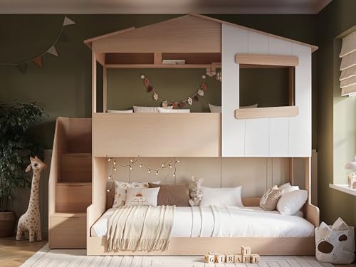 Image of Flair Furnishings Dreamland House Triple Bunk Bed with Staircase Oak