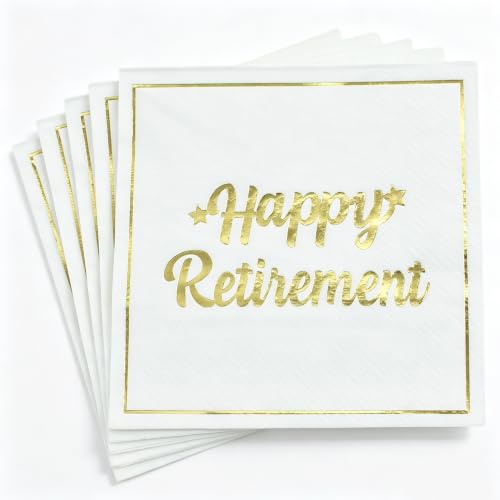 Vuzvuv 50 Pack Happy Retirement Disposable Cocktail Napkins-Champagne Gold
