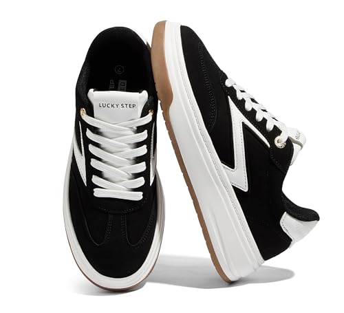 LUCKY STEP Women's Fashion Platform Sneakers Retro Chunky Casual Cow Suede Tennis Footwear Thick Sole Low Top Memory Foam Insole Walking Shoes (Black,7)