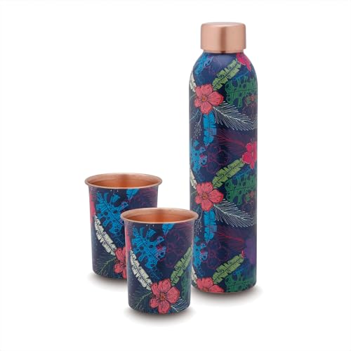 Image of Classic Steels Elegant Ethnic Green Copper Water Bottle Set with 2 Glasses - 1L Capacity | Best Gift For Diwali, Wedding Anniversary And All Other Occasions. (Blue Floral Copper Bottle Set)