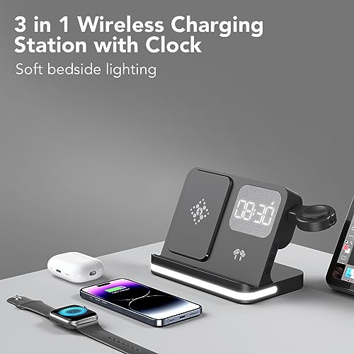 SPGUARD Wireless Charger,4 in 1 Wireless Charger Station with alarm clock for iPhone 16/15/14/13/12Series,iWatch Series 10/9/8 etc, ultra2/1(Black)