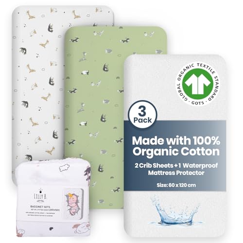 Lilly Belly Lilly B. GOTS-Bettlaken aus Bio-Baumwolle, 120 x 60 cm, ausgestattet mit 2+1 wasserdichtem Schutz, kompatibel mit Snuzpod, Next2me und allen Beistellbetten, Mini-Kinderbetten bis zu 60 x 1