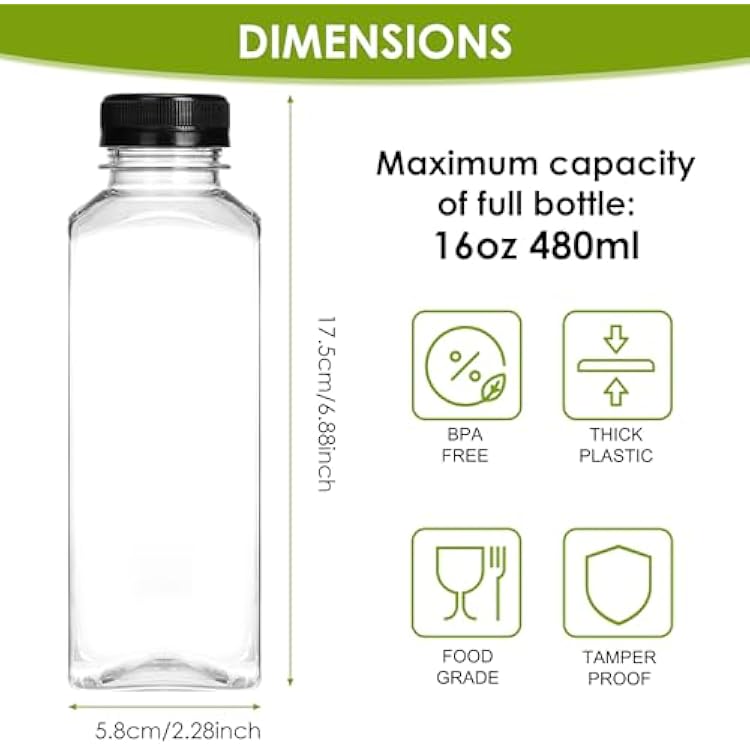 Moretoes 6pcs 16oz Plastic Juice Bottles with Caps, Clear Empty Reusable Water Bottles, Disposable Beverage Containers Bulk for Juicing Smoothies Turmeric Juice Milk and Other Beverages