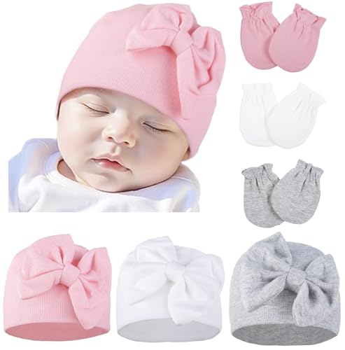 Image of Newborn Baby Hats and Mittens Set for Baby Girls, Infant Bow Knot Beanie Caps No Scratch Mittens, Toddler Hospital Hats Cotton Gloves for Baby Girls 0-6 Months