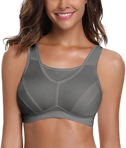 WingsLove High Impact Sports Bras for Women Full Coverage Wirefree Non Padded Workout Bras Full Support Plus Size Bra(Grey,38DD)