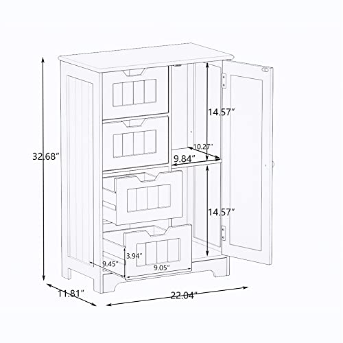 Rasoo Bathroom Storage Cabinet White Freestanding Floor Storage Cupboard Adjustable Shelf With 4 Drawers And 1 Door #TOP2