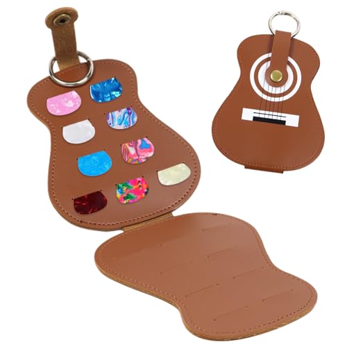 Zkaoai Bolsa de Soporte de Púas de Guitarra, Estuche para Púa de Guitarra con 18 Ranuras, Estuche de Soporte Guitarra con un Llavero, Plectrum Tasche aus Leder para Ukelele de Guitarra (marrón)