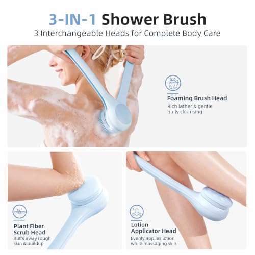 Image of Electric Body Brush, Back Scrubber for Shower, Waterproof Shower Scrubber with Long Handle, 3 Replaceable Heads & 2 Speeds, Sky Blue