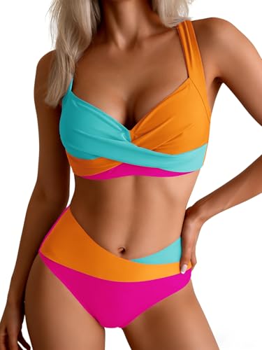 B2prity Bikini deux pièces femme taille mi-haute, Teal Orange Pink, XS