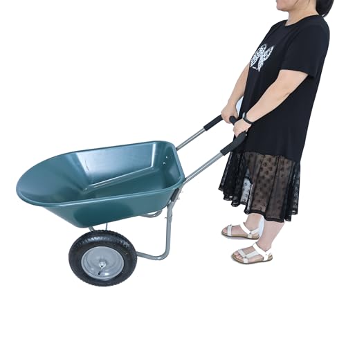 Dual Wheel Wheelbarrow, Heavy Duty Garden Trolley 300 lbs Capacity Utility Cart with Two 15 inches Pneumatic Tires for Patio Outdoor Farm Yard (Green)