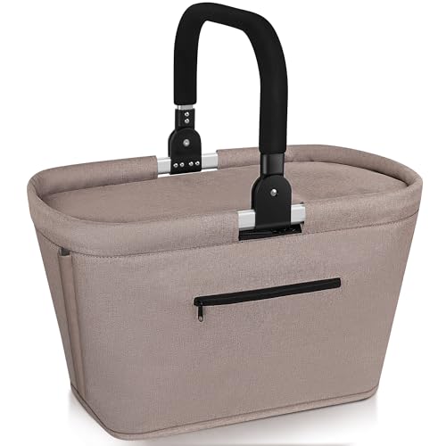 Anhow 35L Kühltasche Einkaufskorb Faltbar mit 2 Stützstangen Große Isolierte Kühlkorb mit Aluminium Griff Wasserabweisendes Praktischer Tragekorb für Reisen Picknick Einkaufen Geschenk - Khaki