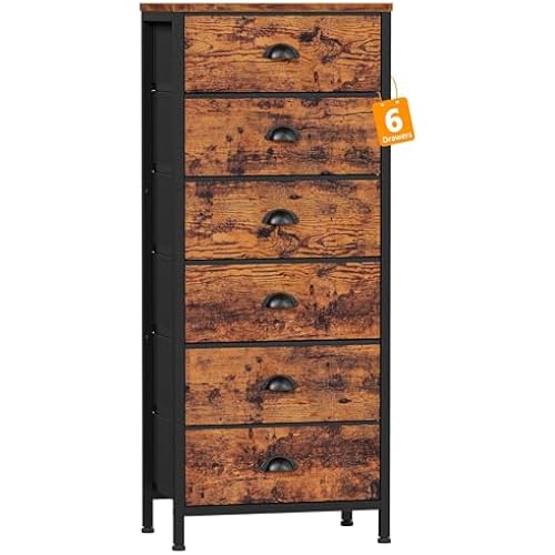 Furnulem Dresser for Bedroom, 6 Bins Tall Fabric Storage Drawers | Rustic Brown Chest of Drawers , Metal Frame, Wood Top,Tall Nightstand for Dorm,Closet, Bedside Furniture in Living Room