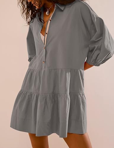 Image of HangNiFang Women's Summer Babydoll Mini Dress Flowy Puff Sleeve Tiered Button Down Oversized Tunic Dress with Pockets