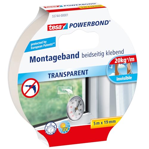 Cinta adhesiva de montaje de doble cara tesa Powerbond (5 m x 19 mm), transparente