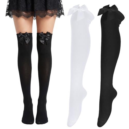Yuanan 2 Pairs Knee High Socks with Bows, Bow White Stockings for Daily Wear, Stretch Girls Knee High Socks for School Uniforms, Dance, Cosplay, Costume Events(Black, White)