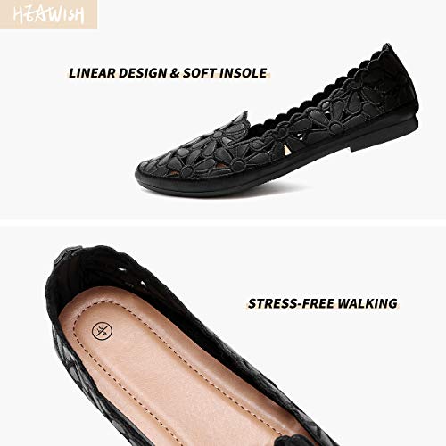 Heawish Women's Floral Ballet Flats For Women Black Beige Slip On Flowers Pu Leather Round Toe Dress Shoes(Black, Us8) #TOP2