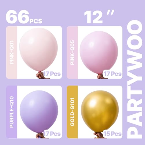 Image of PartyWoo Pink Purple and Gold Balloons 66pcs 12 Inch Baby Pastel Light Pale Pink Purple Metallic Gold Balloons for Graduation Baby Shower Birthday Butterfly Anniversary Princess Party Decorations