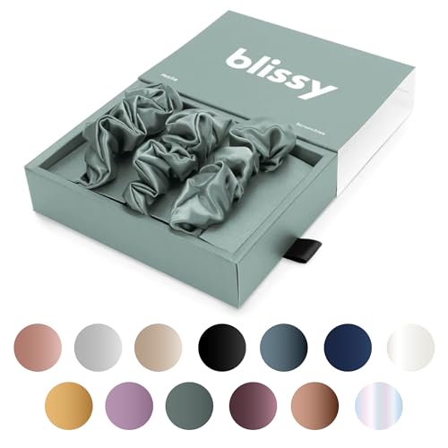 Image of Blissy Silk Scrunchies (3 Pack) - 100% Pure Mulberry Silk - 22 Momme 6A High-Grade Fibers Scrunchie for Straight & Curly Hair (Matcha Skinny)