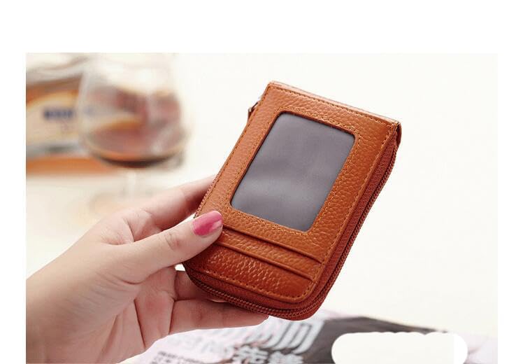 Meufam Premium Leather Slim Zipper Business/Credit Card Wallet Case Holder with Clear Photo Slot, Security Travel Wallet (Brown,L 4.5 in x W 2.75 in x H 0.59 in)