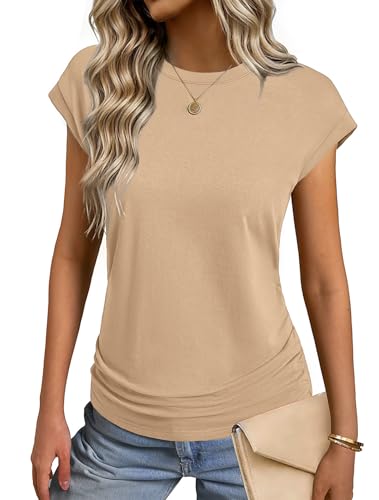GKBK Womens Summer Tops Ruched Cap Short Sleeve Tshirts Business Fashion Trendy Clothes Outfits Coral M