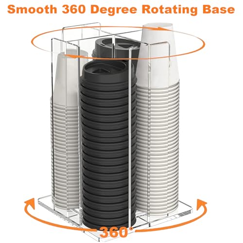 Cup and Lid Holder, 360° Rotated Coffee Cup Dispenser, Rotating Lid Carousel, Acrylic Cup Storage Organizer Beverage Cup Holder with 4 Compartments for Countertop Coffee Station Bar Restaurant, Clear