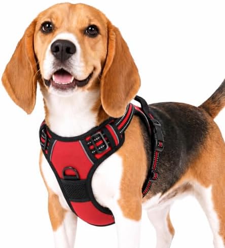 Funfox Anti Zug Hundegeschirr Mittelgroße Hunde mit 2 Ringe, Rot | Verstellbar, Weich Gepolstert, Griff, Nachts Reflektierend, Frontclip Hund Geschirr für Spaziergang, M