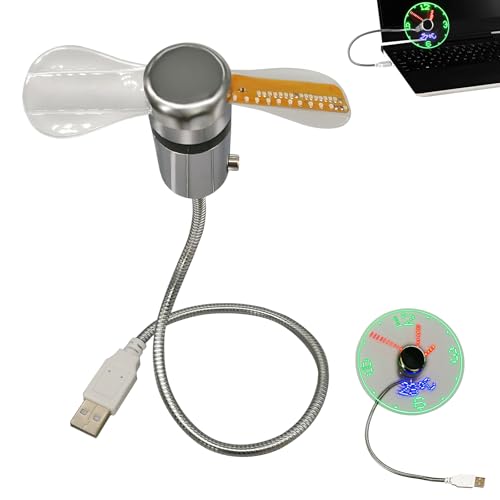 Image of USB LED Clock Fan with Real-Time & Temperature Display, Portable Cooling Fan with Flexible Gooseneck | Blue LED Light Flashing Fan for Laptop, PC & Notebook | Desktop Office Gadget & Tech Gift (1pc)