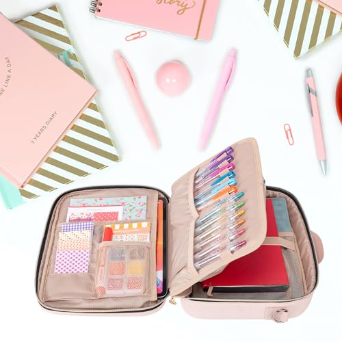 Teamoy Journal Supplies Storage Case, Journal Supplies Holder with Detachable Pen Slots, Travel Organizer Holder for B5 Notebooks, Planner, Pens, Journal Supplies and Accessories, Pink Quilted