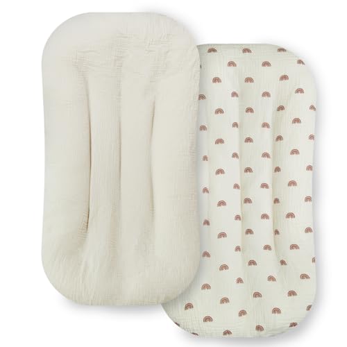 Image of Ultra Soft Organic Muslin Baby Lounger Cover, Removable Loungers Slipcover Fit Newborn Baby Boys and Girls (Beige&Rainbow)