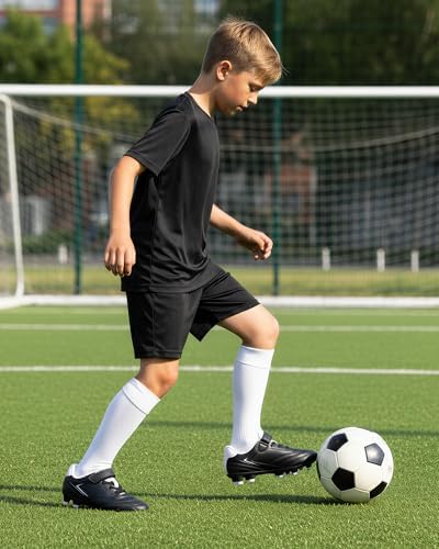 STELLE Kids Soccer Cleats Boys Girls Firm Ground Athletic Outdoor Football Soccer Shoes for Little/Big Kid(GCL005-Black,3ML)