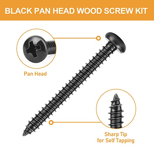 Vigrue 260Pcs #6#8 Black Wood Screw Assortment Kit, 304 Stainless Steel Pan Head Self Tapping Screws, Black Oxide #TOP1