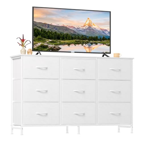 Somdot Commode Chambre 9 Tiroirs en Tissu, Meuble TV pour 32" à 55", Blanc | Meuble de Rangement pour…